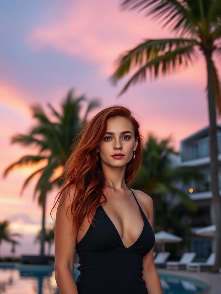 Pink AI companion Elena under palm trees at dusk