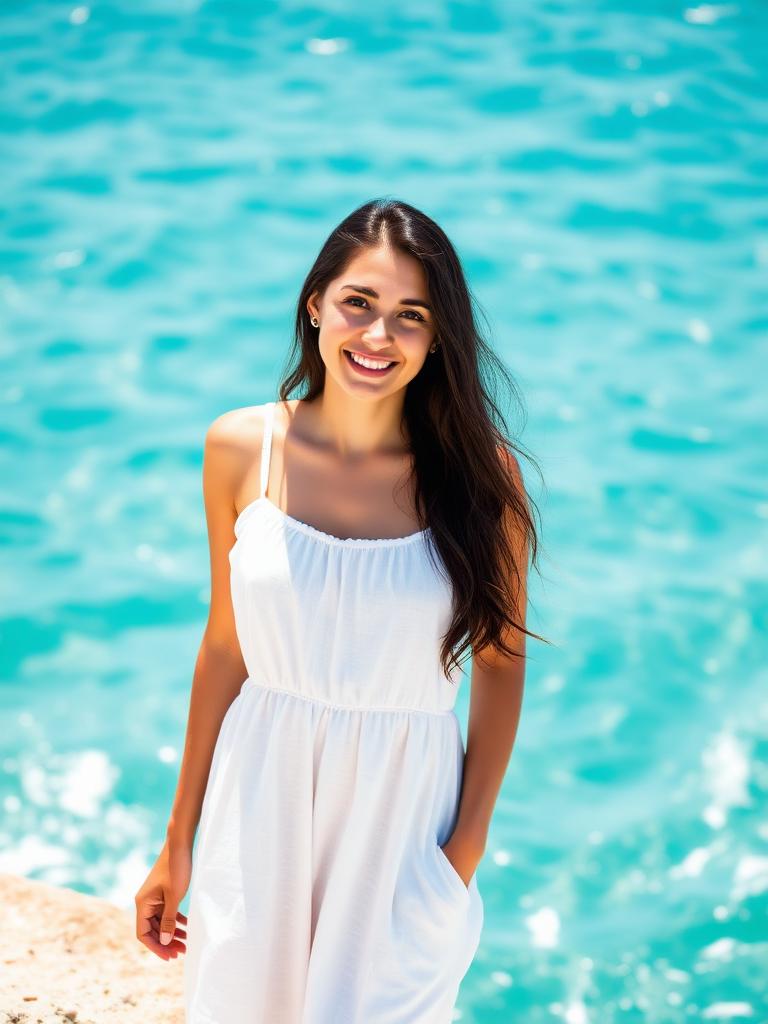 Mia, a Pink AI girl standing by the turquoise sea